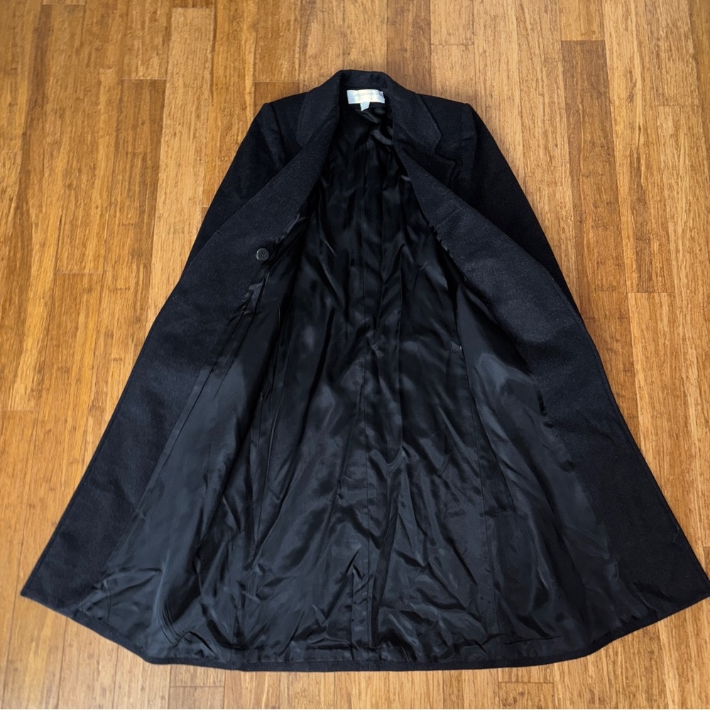 Women's Vintage Liz Claiborne Black 100% Wool Double-Breasted Long Overcoat - Picture 2 of 13